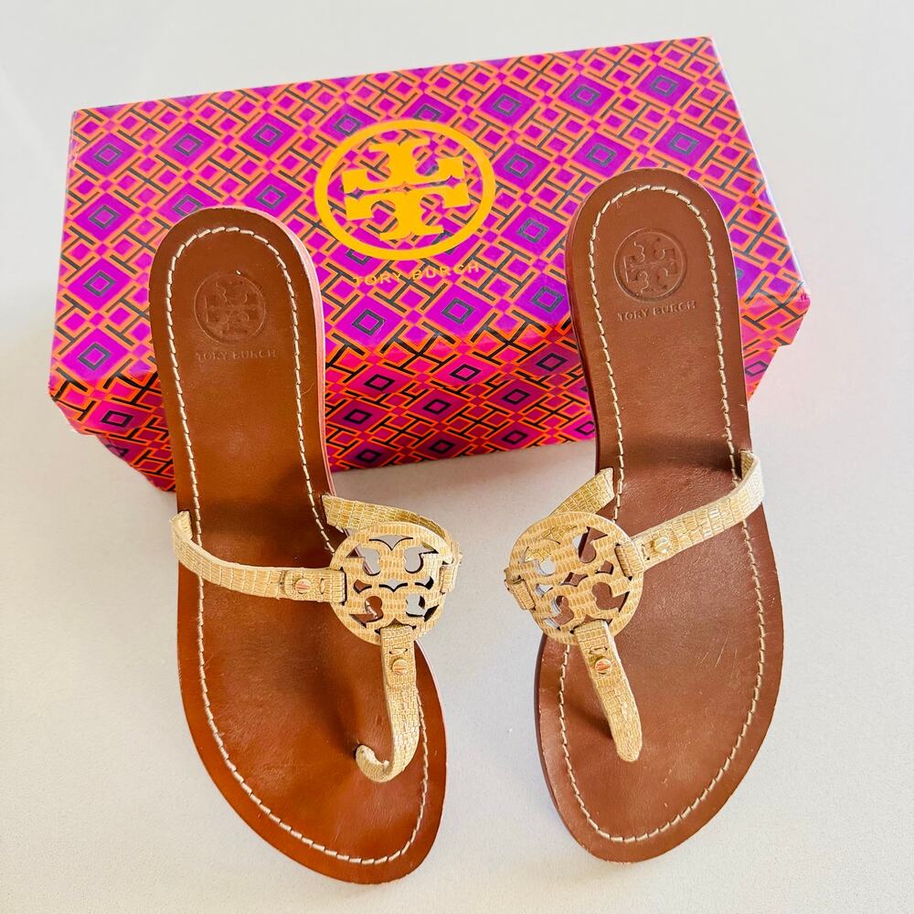 TORY BURCH Beige Brown Micro Tejus Print Mini Miller $258 Slides Sandals 8.5